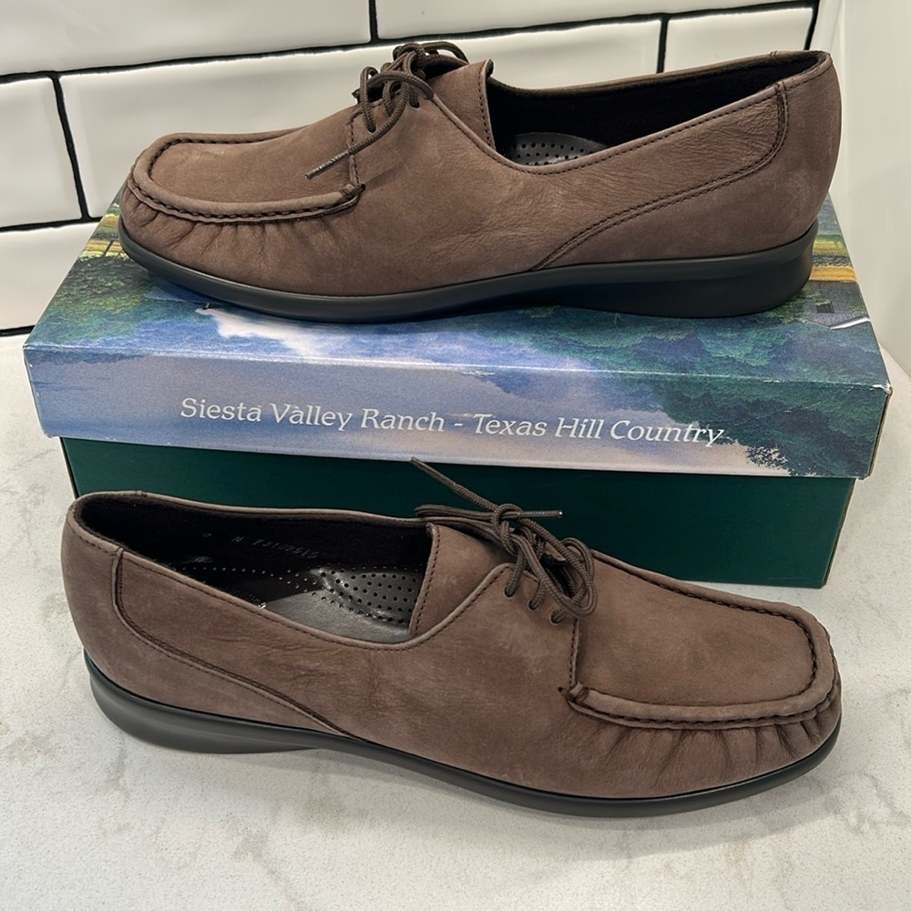 Sas Petra Truffle Leather Moccasins With Rawhide Lacing And Rubber Sole 9n